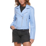 Womens Faux-Leather Belted Hem Moto Jacket