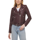 Womens Faux-Leather Belted Hem Moto Jacket