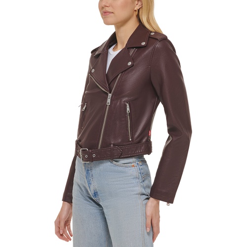 리바이스 Womens Faux-Leather Belted Hem Moto Jacket