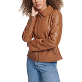 Womens Faux Leather Laydown Collar Jacket