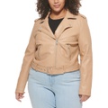 Plus Size Faux Leather Belted Motorcycle Jacket