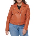 Plus Size Faux Leather Belted Motorcycle Jacket