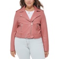 Plus Size Faux Leather Belted Motorcycle Jacket