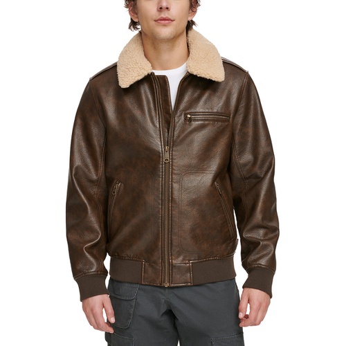 리바이스 Mens Sherpa Collar Faux Leather Bomber Jacket