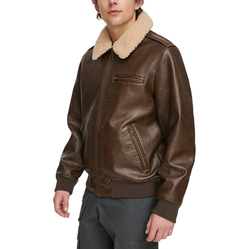 리바이스 Mens Sherpa Collar Faux Leather Bomber Jacket