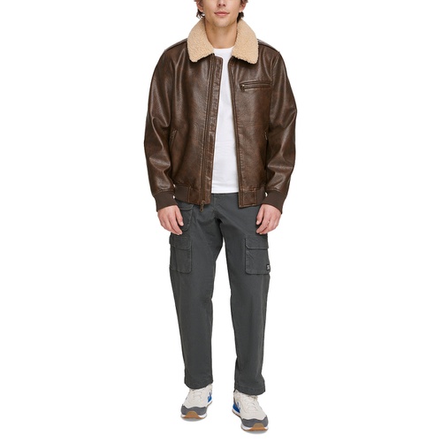 리바이스 Mens Sherpa Collar Faux Leather Bomber Jacket