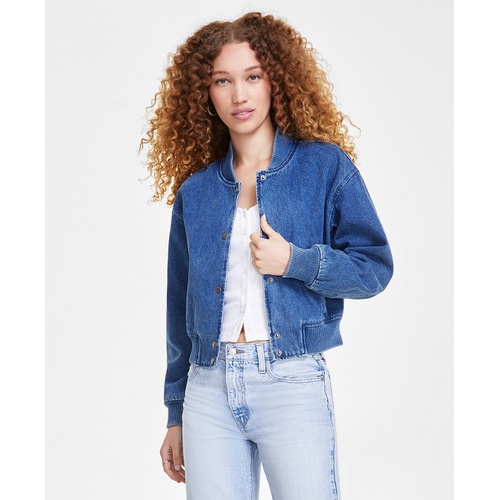 리바이스 Womens Ribbed-Edge Cropped Denim Bomber Jacket