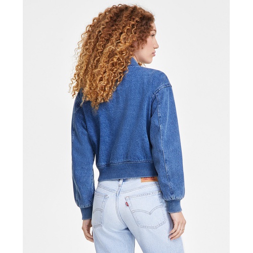 리바이스 Womens Ribbed-Edge Cropped Denim Bomber Jacket