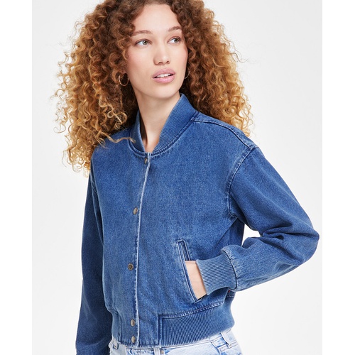 리바이스 Womens Ribbed-Edge Cropped Denim Bomber Jacket