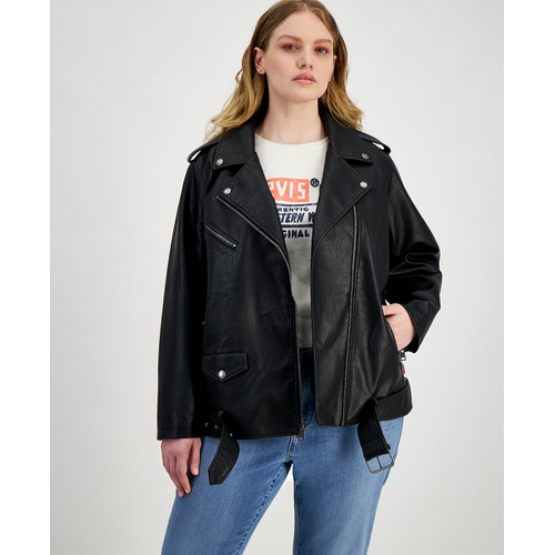 리바이스 Plus Size Faux Leather Long Line Belted Moto Jacket