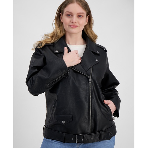 리바이스 Plus Size Faux Leather Long Line Belted Moto Jacket