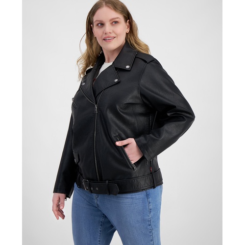 리바이스 Plus Size Faux Leather Long Line Belted Moto Jacket