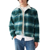 Mens Fleece Lined Snap-Front Plaid Trucker Jacket