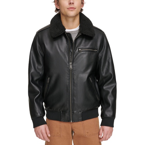 리바이스 Mens Sherpa Collar Faux Leather Bomber Jacket