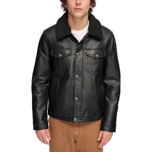 리바이스 Mens Levis Faux Leather Trucker with Sherpa Lined Collar