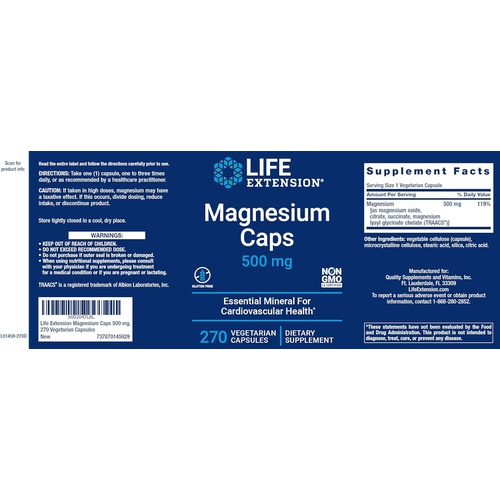  Life Extension Magnesium Caps 500mg, 270 Veg Capsules - Broad Spectrum - 3 Mags in 1 Supplement: Oxide, Citrate, Succinate - Vegetarian