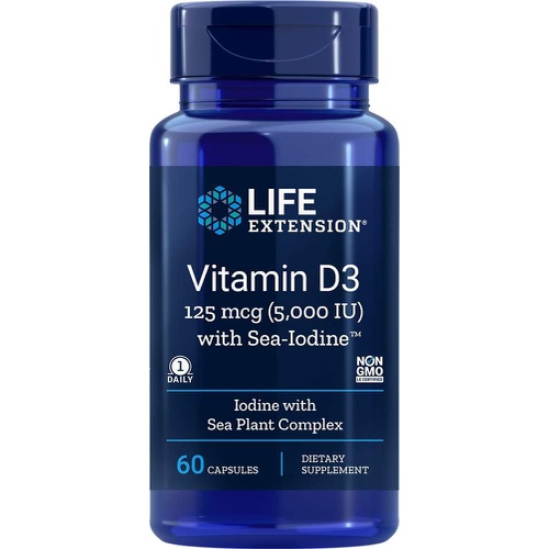  Life Extension Vitamin D3 125 mcg (5000 IU) with Sea-Iodine  Gluten-Free, Non-GMO  60 Capsules