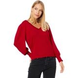Lilla P 3u002F4 Puff Sleeve V-Neck Fine Gauge Cotton Blend Sweater