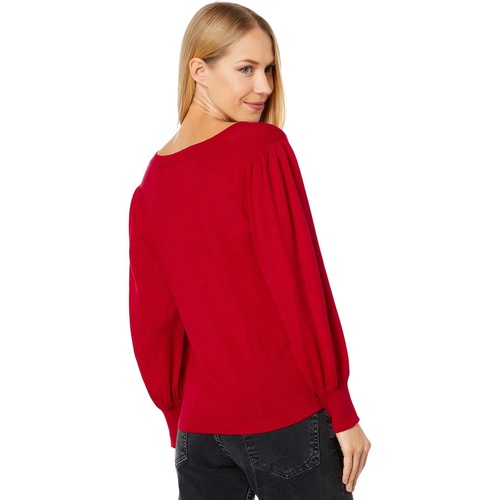  Lilla P 3u002F4 Puff Sleeve V-Neck Fine Gauge Cotton Blend Sweater