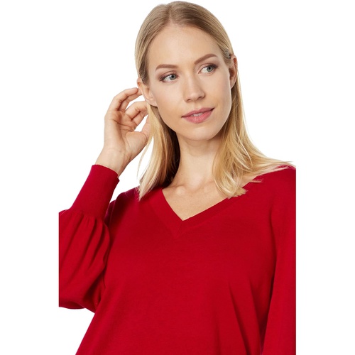  Lilla P 3u002F4 Puff Sleeve V-Neck Fine Gauge Cotton Blend Sweater