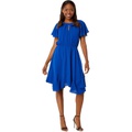 London Times Pleated Keyhole Jewel Neck Elastic Waist Dress