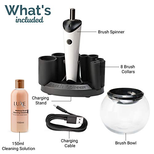  Luxe Makeup Brush Cleaner - 5oz Makeup Cleaning Solution Included |USB Charging Station| 3 Adjustable Speeds| Instantly Wash and Dry Your Makeup Brushes