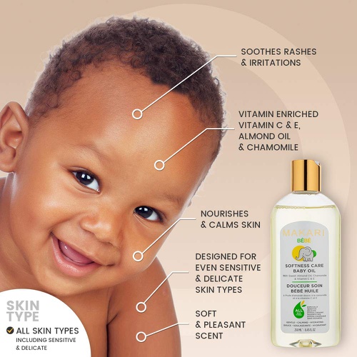  Makari Baby Oil 8.45 fl. Oz  Enriched with Sweet Almond Oil, Chamomile & Vitamin C & E - Moisturizing Baby Oil, Gentle, Non-Irritating Formula  Nourishes & Calms Baby’s Skin