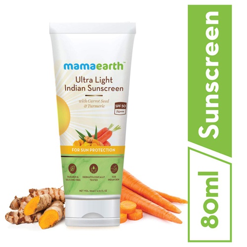  Mamaearths Ultra Light Natural Sunscreen Lotion SPF 50 PA+++ With Turmeric & Carrot Seed, 80ml