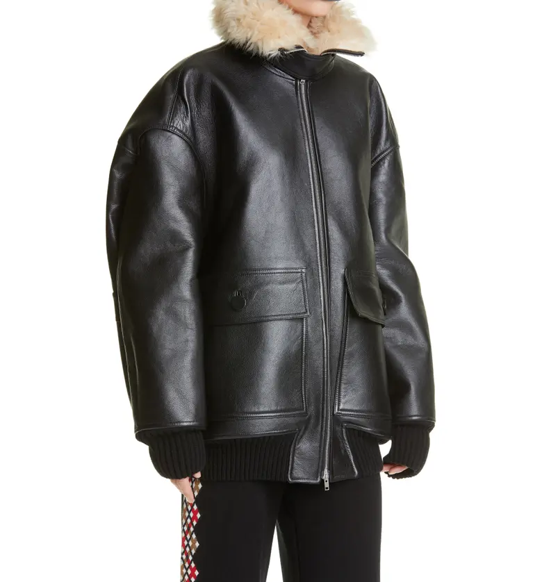 마르니 Marni Oversize Leather Bomber Jacket with Genuine Shearling Collar_BLACK