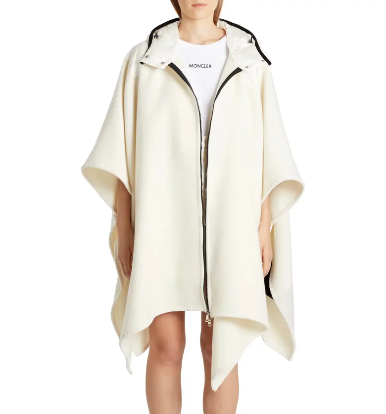 몽클레르 Moncler Mantella Down Hood Logo Jacquard Wool Cape_WHITE