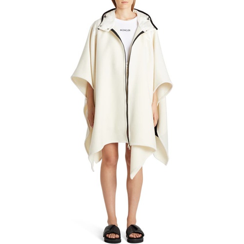 몽클레르 Moncler Mantella Down Hood Logo Jacquard Wool Cape_WHITE