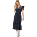 MOON RIVER Smocking Embroidered Yoke Midi Dress