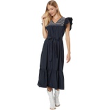 MOON RIVER Smocking Embroidered Yoke Midi Dress