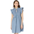 MOON RIVER Scallop Sleeve Smocked Yoke Tie Neck Mini Dress