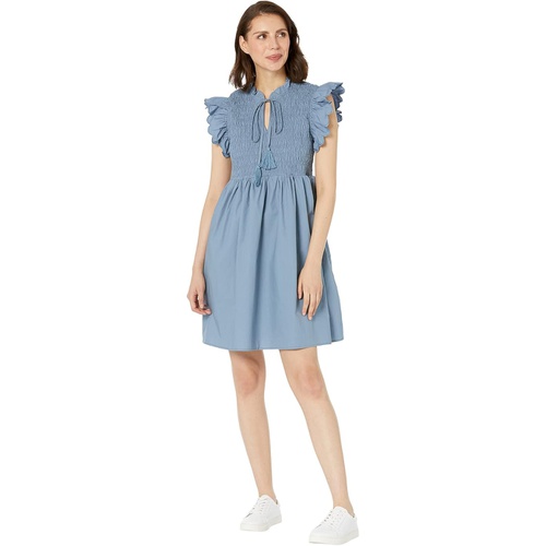  MOON RIVER Scallop Sleeve Smocked Yoke Tie Neck Mini Dress