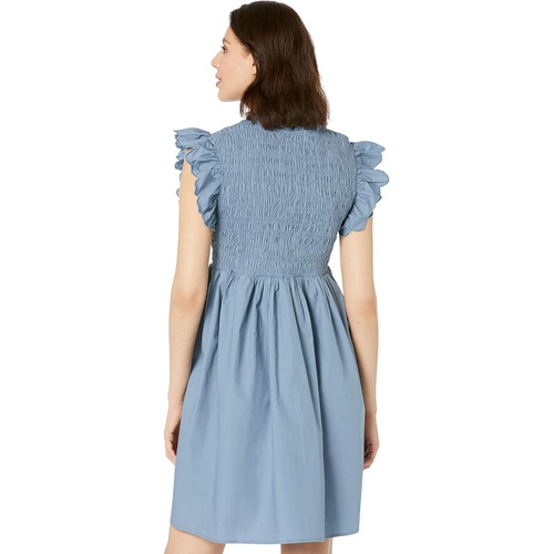  MOON RIVER Scallop Sleeve Smocked Yoke Tie Neck Mini Dress