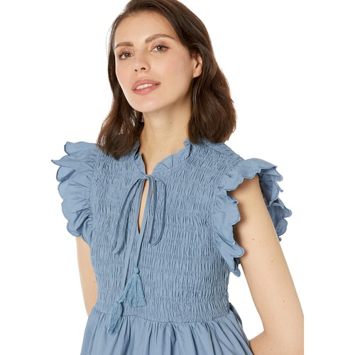  MOON RIVER Scallop Sleeve Smocked Yoke Tie Neck Mini Dress