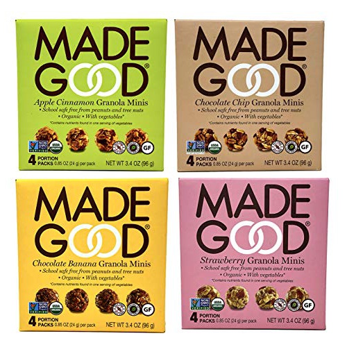  MadeGood Snacks Made Good Organic Granola Minis  Variety Pack of 4 Flavors Tree-Nut and Peanut-Free, Gluten-Free, Vegan, Kosher (4 Portion Packs Per Flavor)