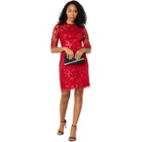 Maggy London Short Sequin Dress with Mid Length Flare Sleeves and High Neckline