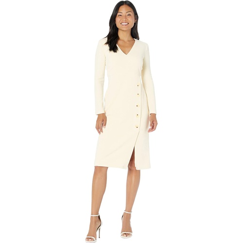  Maggy London Long Sleeve V-Neck Midi with Wrap Skirt & Button Detail