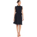 Maggy London Ruffle Neck and Sleeve Dress with Elastic Waist and Self Tie