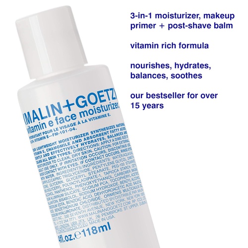  Malin + Goetz Vitamin E Face Moisturizer  balancing + nourishing for ALL skin types. multitasks as a hydrating serum, anti aging face lotion, after shave, makeup primer. cruelty-f