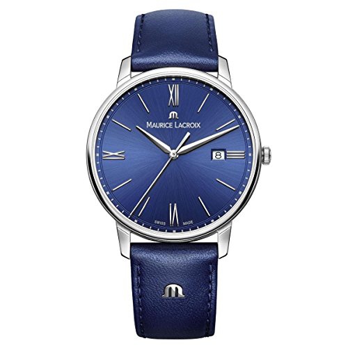  Maurice Lacroix Mens Eliros Stainless Steel Quartz Watch with Leather Strap, Blue, 20 (Model: EL1118-SS001-410-1)