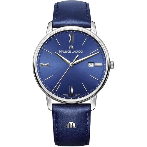  Maurice Lacroix Mens Eliros Stainless Steel Quartz Watch with Leather Strap, Blue, 20 (Model: EL1118-SS001-410-1)