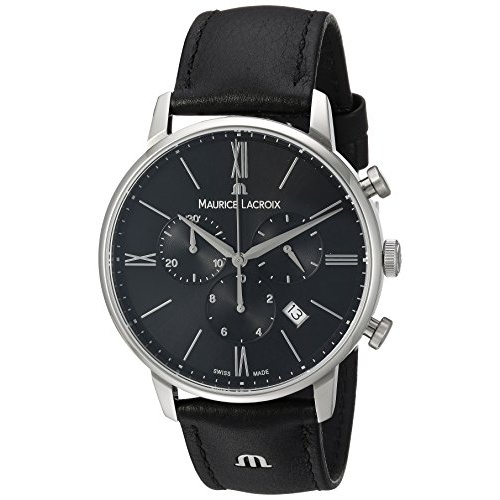  Maurice Lacroix Mens Eliros Stainless Steel Quartz Watch with Leather Calfskin Strap, Black, 20 (Model: EL1098-SS001-310-1)