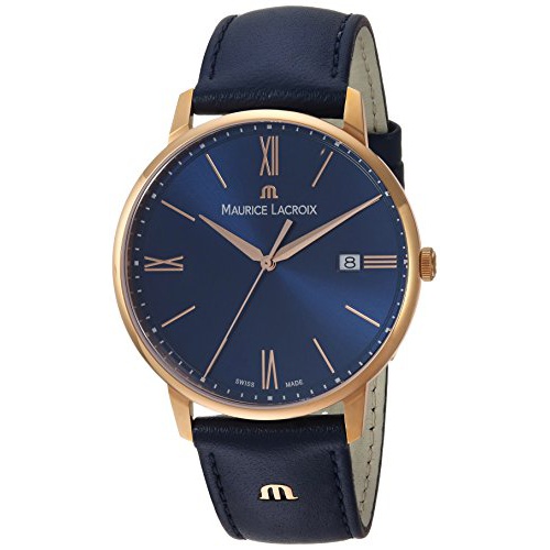  Maurice Lacroix Mens Eliros Yellow Gold Quartz Watch with Leather Calfskin Strap, Blue, 20 (Model: EL1118-PVP01-411-1)