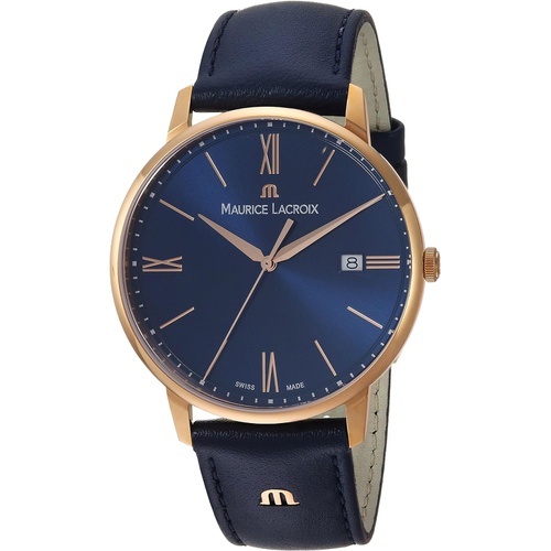  Maurice Lacroix Mens Eliros Yellow Gold Quartz Watch with Leather Calfskin Strap, Blue, 20 (Model: EL1118-PVP01-411-1)