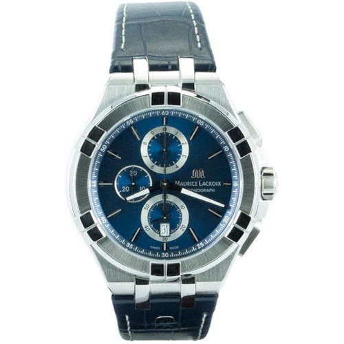  Maurice Lacroix Mens Stainless Steel Swiss Quartz Watch with Leather Crocodile Strap, Blue, 24 (Model: AI1018-SS001-430-1)