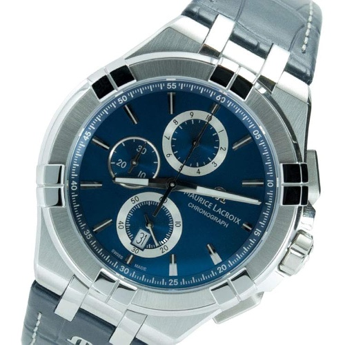  Maurice Lacroix Mens Stainless Steel Swiss Quartz Watch with Leather Crocodile Strap, Blue, 24 (Model: AI1018-SS001-430-1)