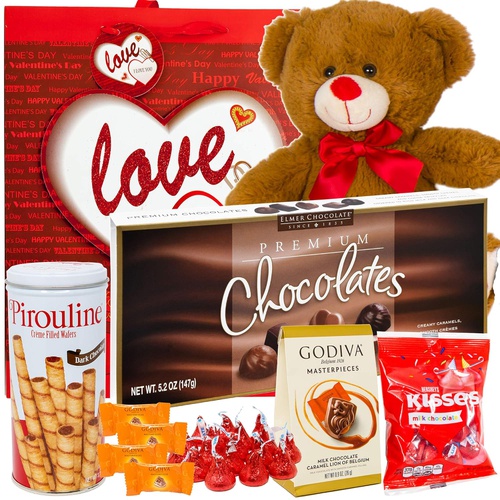  Meet Novelty Valentines Day Gift Basket Set | Teddy Bear Plush(COLOR VARYS), Hershey Kisses, Pirouline Wafers, Elmer Sampler Chocolate, Godiva Caramel Milk Candies, V-Day Gift Bag For Her Wife